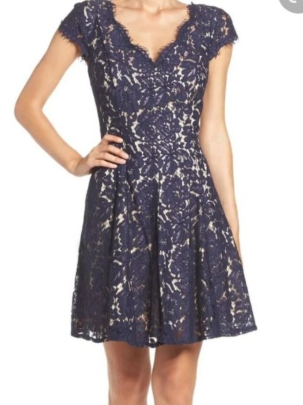 Eliza J Navy Blue Floral Lace Cap Sleeve Fit & Flare Cocktail Dress – Size 12
